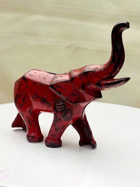 Vintage Cast Iron Still Bank Elephant Figurine With Distressed Red & Black Patin